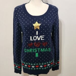 Almost Famous I Love Christmas Blue Ugly Christmas Sweater  Med